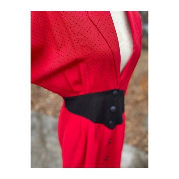 Vtg 80s Batwing A Line Dress Red Black Polkadot - Picture 8 of 16